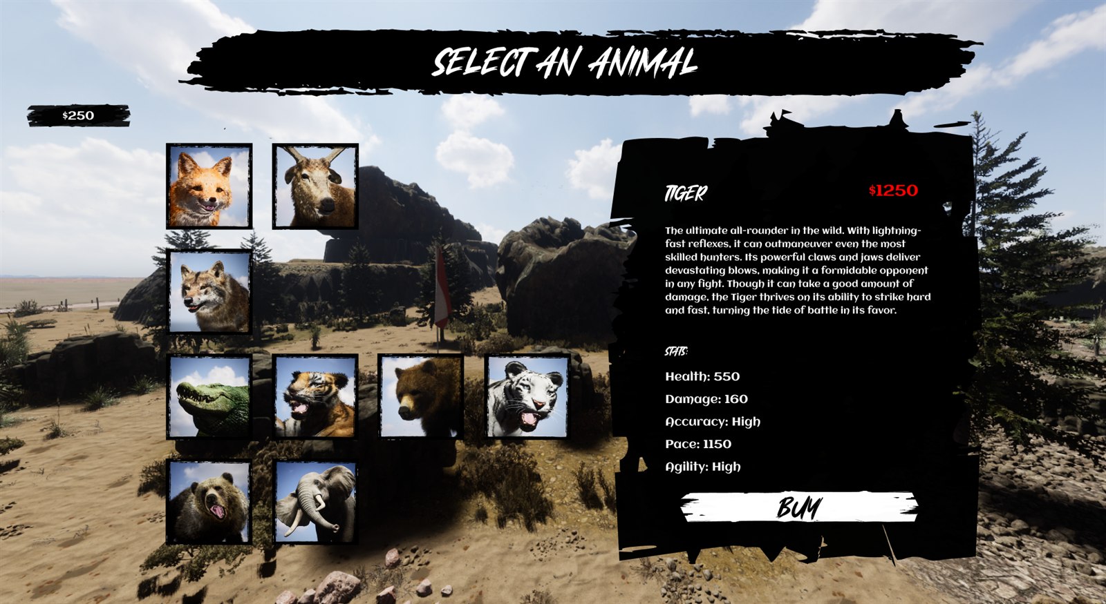Select an Animal store screen with a grid of animal portraits and a detail panel showing stats and price